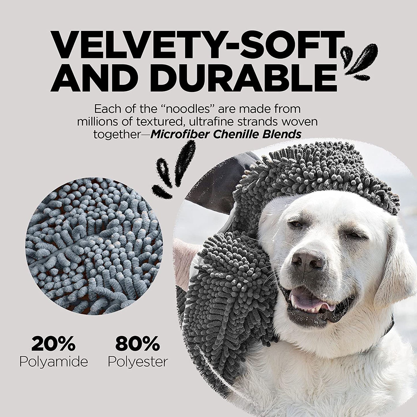 Soggy Doggy Super Shammy Dog Towel - Microfiber Chenille Towel for Drying Dogs and Cleaning Paws - Fast Drying with Hand Pockets for Ease (Gray, 31” X 14”)