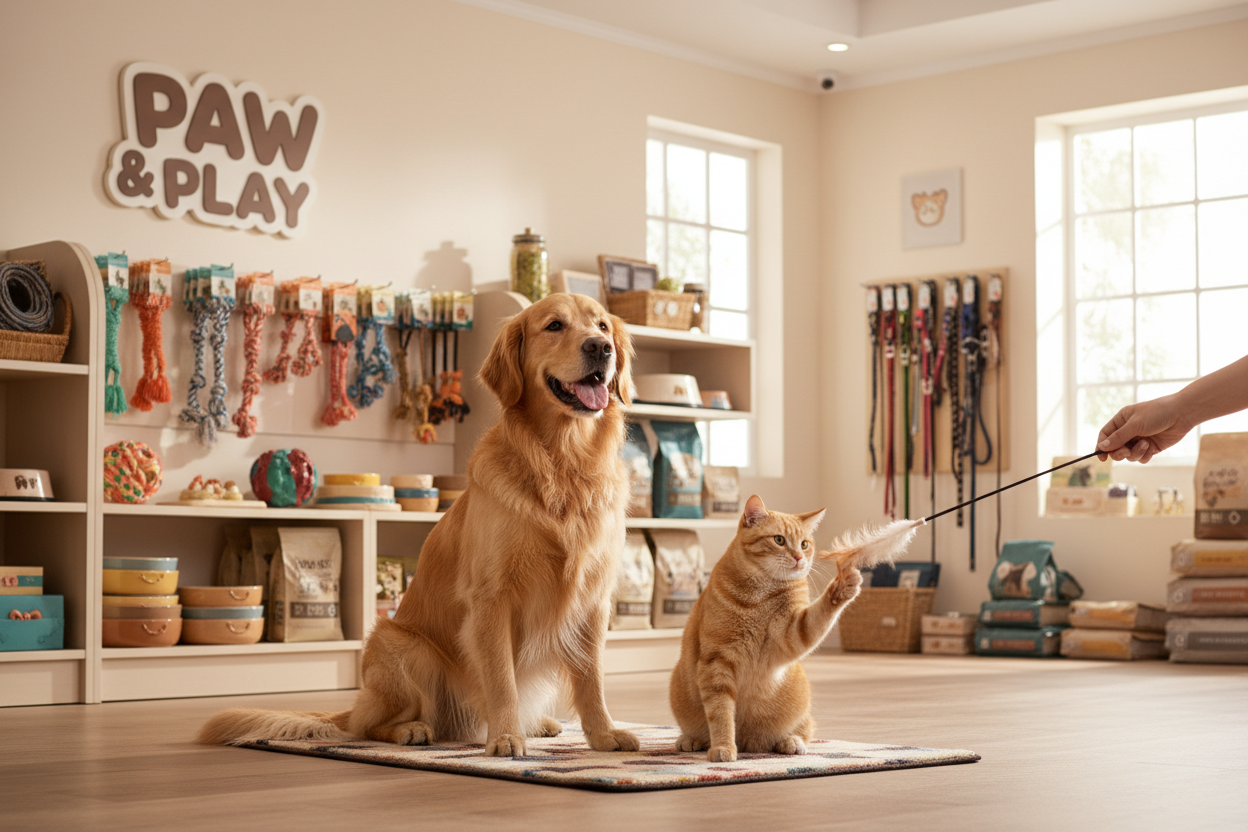 Ein Bild für einen Haustier Store, ein Hund und eine Katze sollen auf dem Bild zu sehen sein